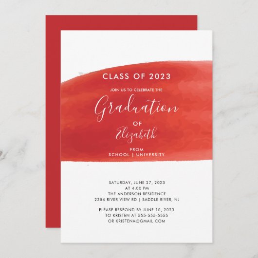 赤い水彩画の滲みを使った卒業パーティーの招待状 招待状 (正面/裏面)