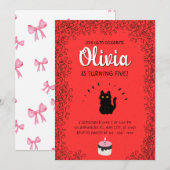 赤い水彩画の猫の誕生日お祝い 招待状 (正面/裏面)