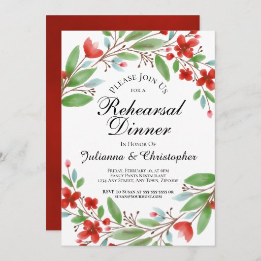 赤い水彩花の彩るリハーサルディナー 招待状 (正面/裏面)