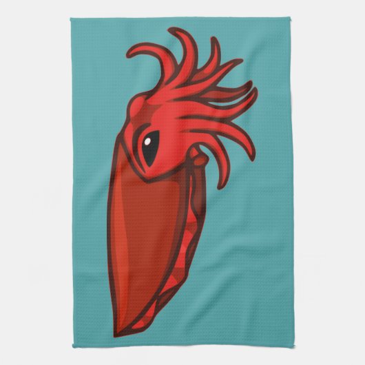 赤い水泳のCuttlefish キッチンタオル (縦)