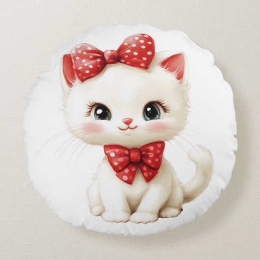 赤い水玉のリボンを付けたかわいい白い子猫の枕 ラウンドクッション (正面)