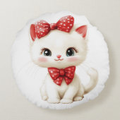 赤い水玉のリボンを付けたかわいい白い子猫の枕 ラウンドクッション (裏面)