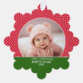 赤い水玉の赤ちゃんの初めてのクリスマス オーナメントカード (正面)