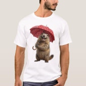 赤い水玉傘をさしたかわいいユーモラスなマーモット Tシャツ (正面)