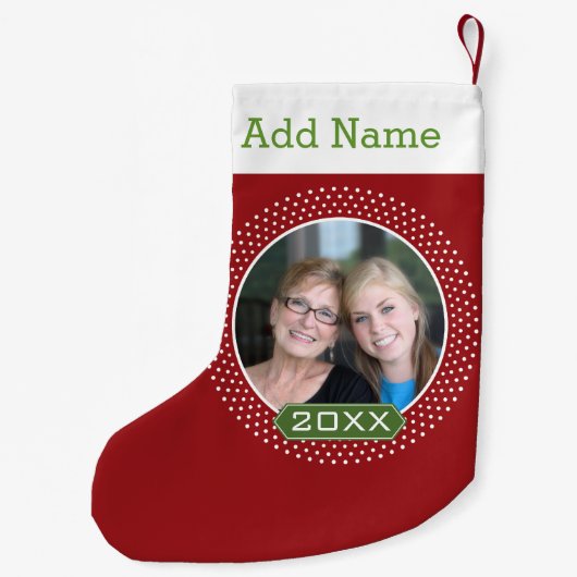 赤い水玉模様とカスタム年の写真 スモールクリスマスストッキング (裏面)