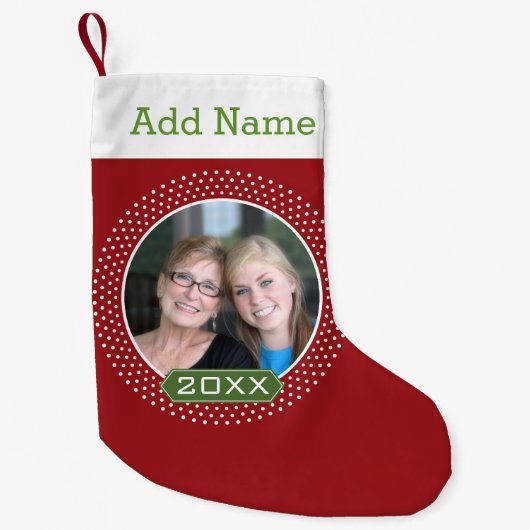 赤い水玉模様とカスタム年の写真 スモールクリスマスストッキング (正面)