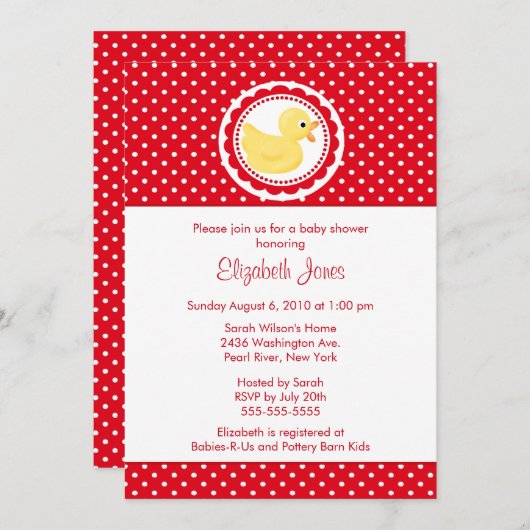 赤い水玉模様のアヒルのベビーシャワー 招待状 (正面/裏面)