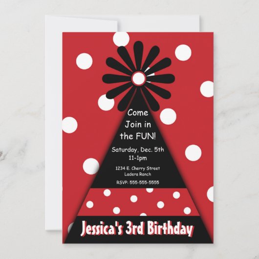 赤い水玉模様の招待状が付いているパーティーの帽子 招待状 (正面)