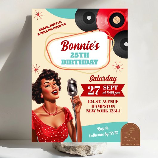 赤い水玉模様レトロ50sピンアップガールズアダルト誕生日 招待状