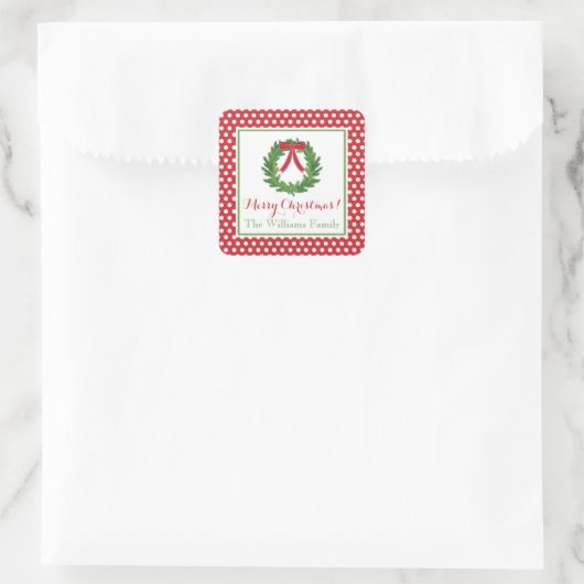 赤い水玉模様、クリスマスリースシール スクエアシール (バッグ)