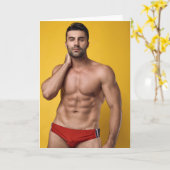 赤い水着のイケメン グリーティングカード (黄色い花)