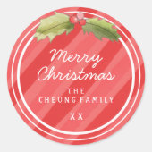 赤い水色のストライプクリスマスプレゼントのシール ラウンドシール (正面)