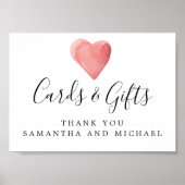 赤い水色のハートウェディングカードとギフトサイン ポスター (正面)