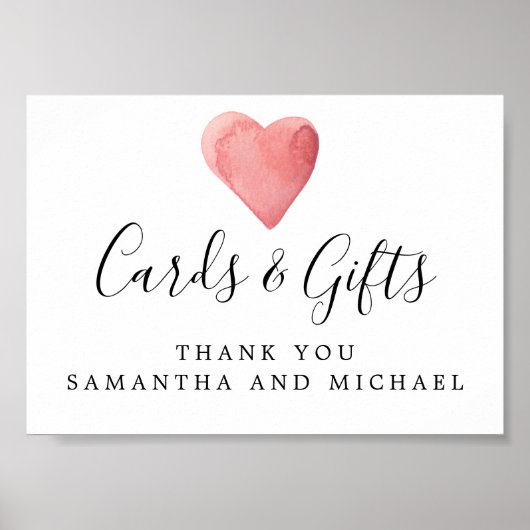 赤い水色のハートウェディングカードとギフトサイン ポスター (正面)