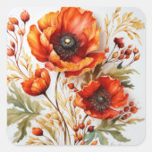 赤い水色のポピーの花束の野花 スクエアシール (正面)