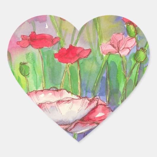 赤い水色のポピーの花 ハートシール (正面)