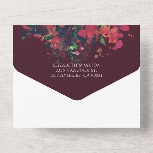 赤い水色の花ストリングライトウェディングRSVP オールインワン招待状 (裏面)