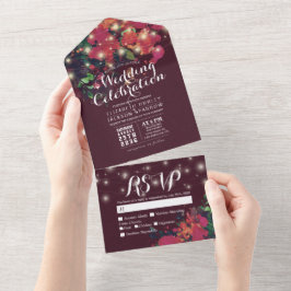 赤い水色の花ストリングライトウェディングRSVP オールインワン招待状