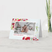 赤い水色クリスマス花模様写真ハッピー シーズンカード (正面)