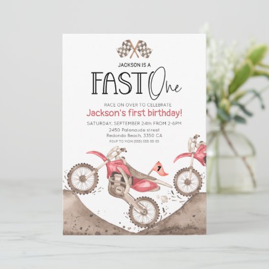 赤い水色ダートバイク1st誕生日 – 高速1 招待状 (スタンド正面)