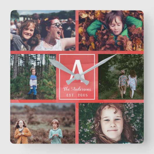 赤い水色ファミリーモノグラム&フォトコラージュ スクエア壁時計 (正面)