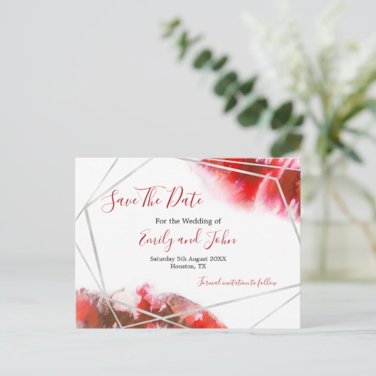 赤い水色/シルバー幾何学模様/日付の保存 ポストカード (スタンド正面)