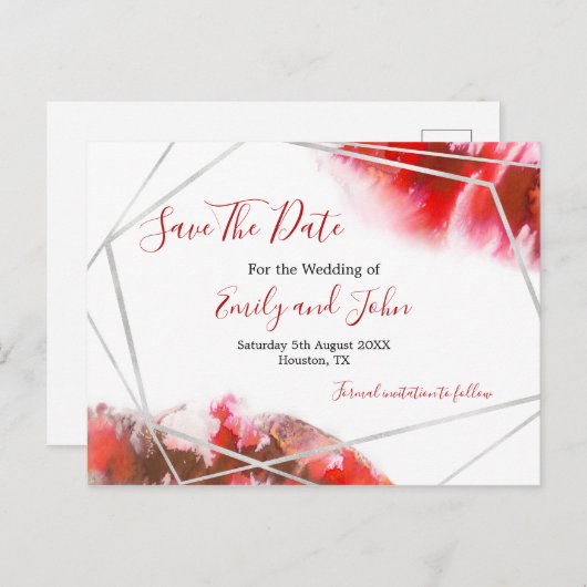 赤い水色/シルバー幾何学模様/日付の保存 ポストカード (正面/裏面)