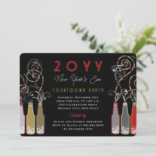 赤い泡状ボトルが大晦日のパーティーを渦巻く 招待状 (スタンド正面)