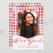 赤い洗浄水彩画の千鳥格子のな写真の卒業 案内状 (正面/裏面)