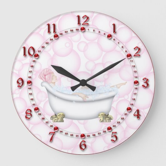 赤い浴室の泡 ラージ壁時計 (正面)