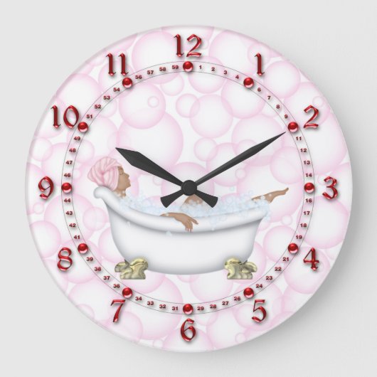 赤い浴室光沢がある数泡 ラージ壁時計 (正面)