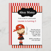 赤い海賊の少女の誕生日招待状 招待状 (正面/裏面)