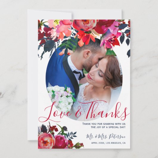 赤い海軍の水色の牡丹結婚写真感謝していのあなた サンキューカード (正面)