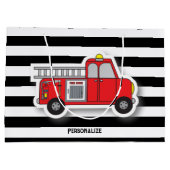 赤い消防ストライプ車の白黒の車 ラージペーパーバッグ (裏面)