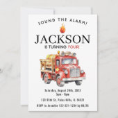 赤い消防士の男の子の誕生日の招待 招待状 (正面)