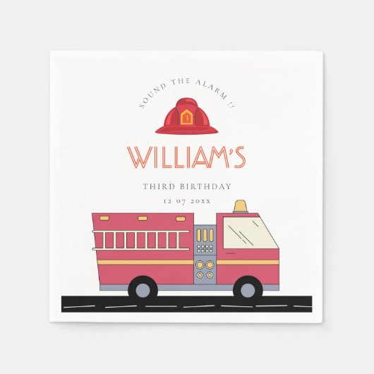 赤い消防士アラーム消防車の誕生日用品 スタンダードカクテルナプキン (正面)