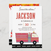 赤い消防士アラーム消防車の誕生日用品 招待状 (正面/裏面)