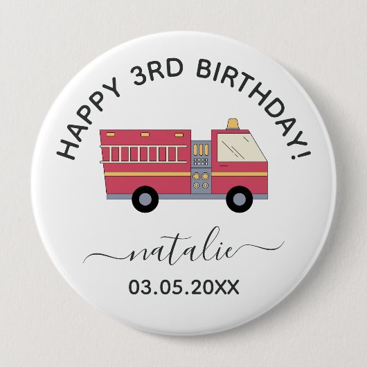 赤い消防士アラーム消防車の誕生日用品 缶バッジ (正面)