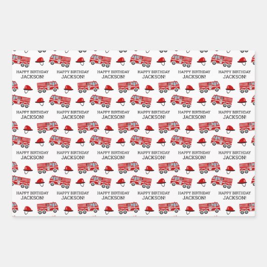 赤い消防車と帽子のパーソナライズされた誕生日 ラッピングペーパーシート (正面2)