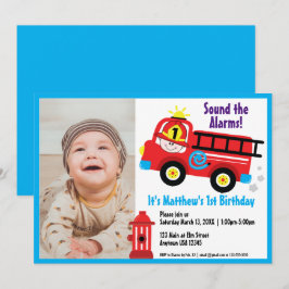 赤い消防車と幸せな消防士のかわいい漫画イラスト 招待状