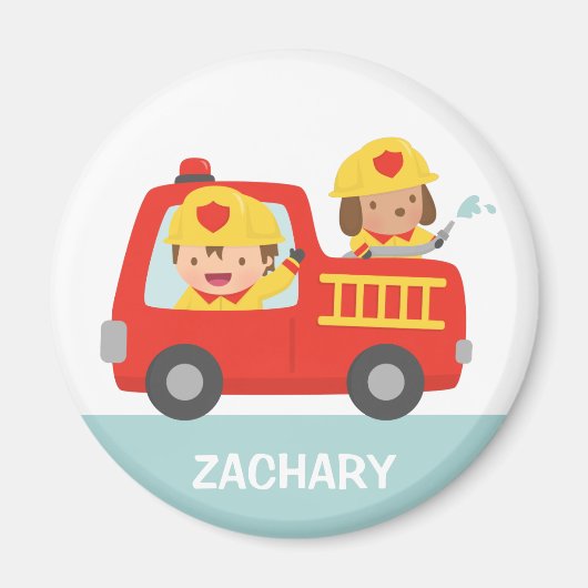 赤い消防車と消防士の少年と子犬 マグネット (正面)