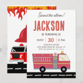 赤い消防車と警報の消防トラック 招待状 (正面/裏面)