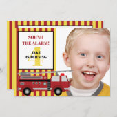 赤い消防車と黄色の消防車の子供の4歳の誕生日写真 招待状 (正面/裏面)