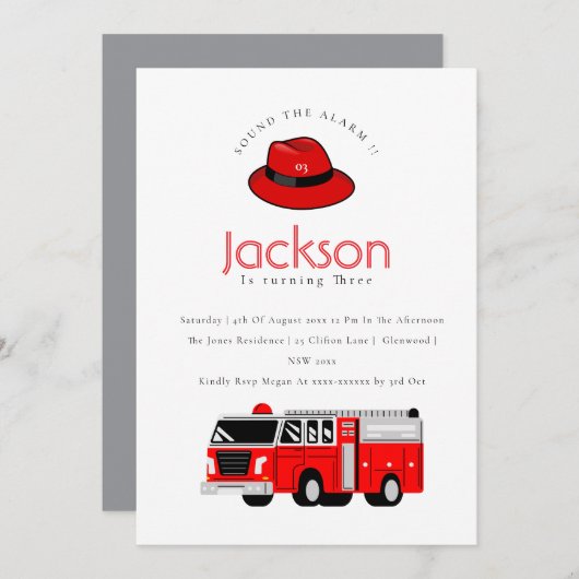 赤い消防車のエンジン キッズ 誕生日招待状 サンキューカード (正面/裏面)