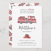 赤い消防車のトラック誕生日パーティーの招待 招待状 (正面/裏面)