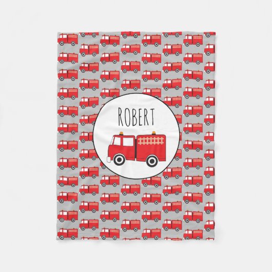 赤い消防車のパターカスタマイズン少年の名前 フリースブランケット (正面)