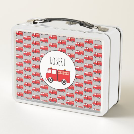 赤い消防車のパターカスタマイズン少年の名前 メタルランチボックス (裏面)