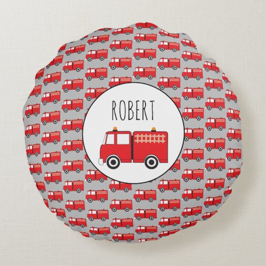 赤い消防車のパターカスタマイズン少年の名前 ラウンドクッション (裏面)