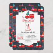 赤い消防車のパーティーパターン子供の誕生日 招待状 (正面/裏面)