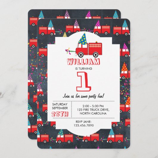 赤い消防車のパーティーパターン子供の誕生日 招待状 (正面/裏面)